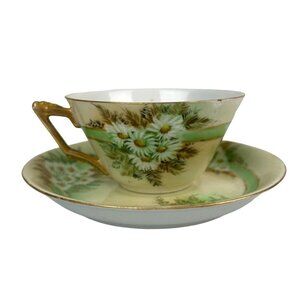 Vintage WG Guerin Limoges France Green Hand Painted Daisies Gold Teacup Saucer
